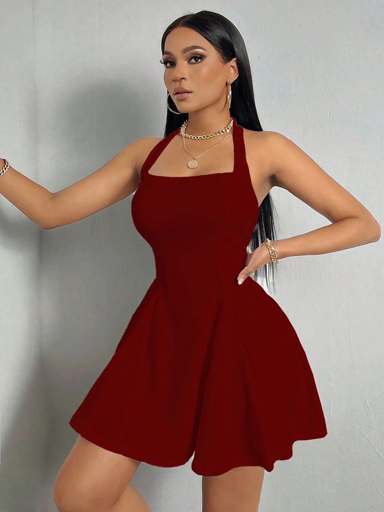 Womens Summer Sleeveless A-Line Skirt Sexy Mini Elegant Halter Neck High Waist Dress Party Club Evening Bodycon Dress 2024