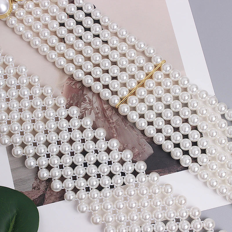 Pearl Embellished Elastic Waist Chain Belt for Women