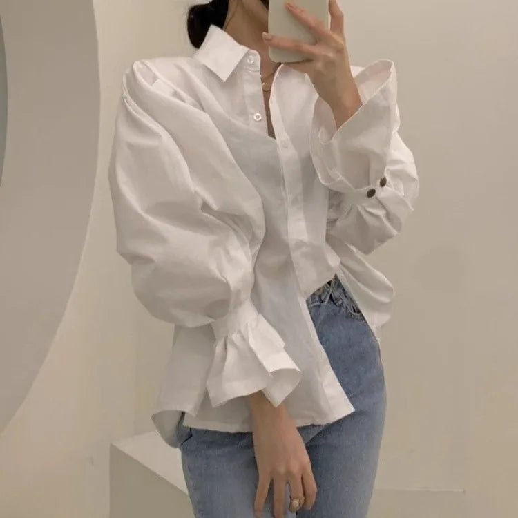 White Puff Sleeve Button-Front Collared Blouse for Women