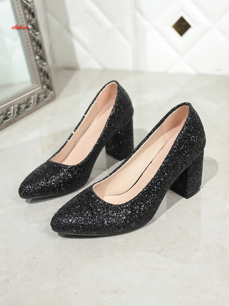 Bling Pointed Toe Square Heel Pumps