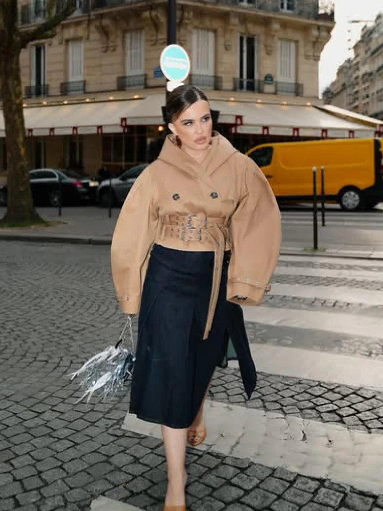 Chic Punk Trench Coat For Women Full Sleeve Loose Hooded Crop Jacket Lapel Bat Sleeve Long Coats 2025 New Lady Y2k Fall Outwears