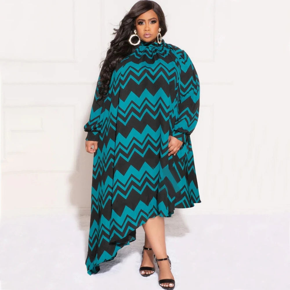 African Print Long Sleeve Asymmetrical Maxi Dress for Women