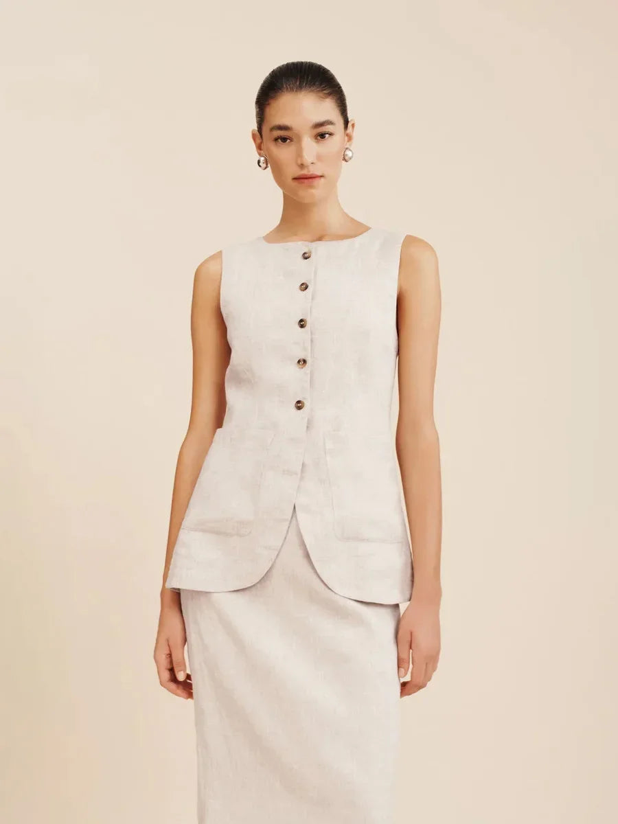 Breathable Linen High Waist Vest And Skirt Set For Women