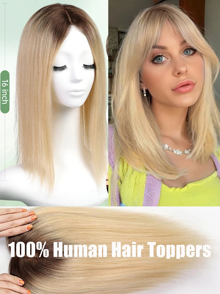 Straight Blonde Dark Root Remy Hair Clip In Topper For Women