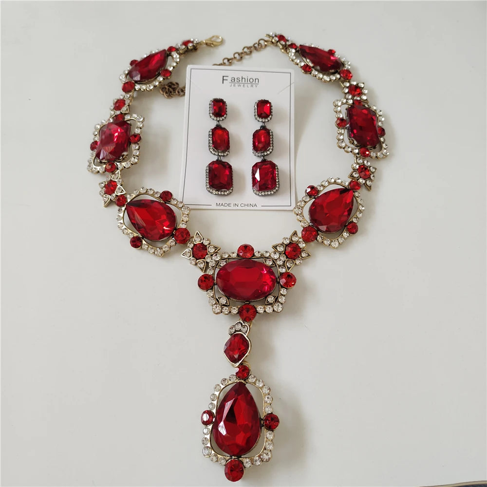 Red Crystal Statement Necklace and Earrings Set for Women