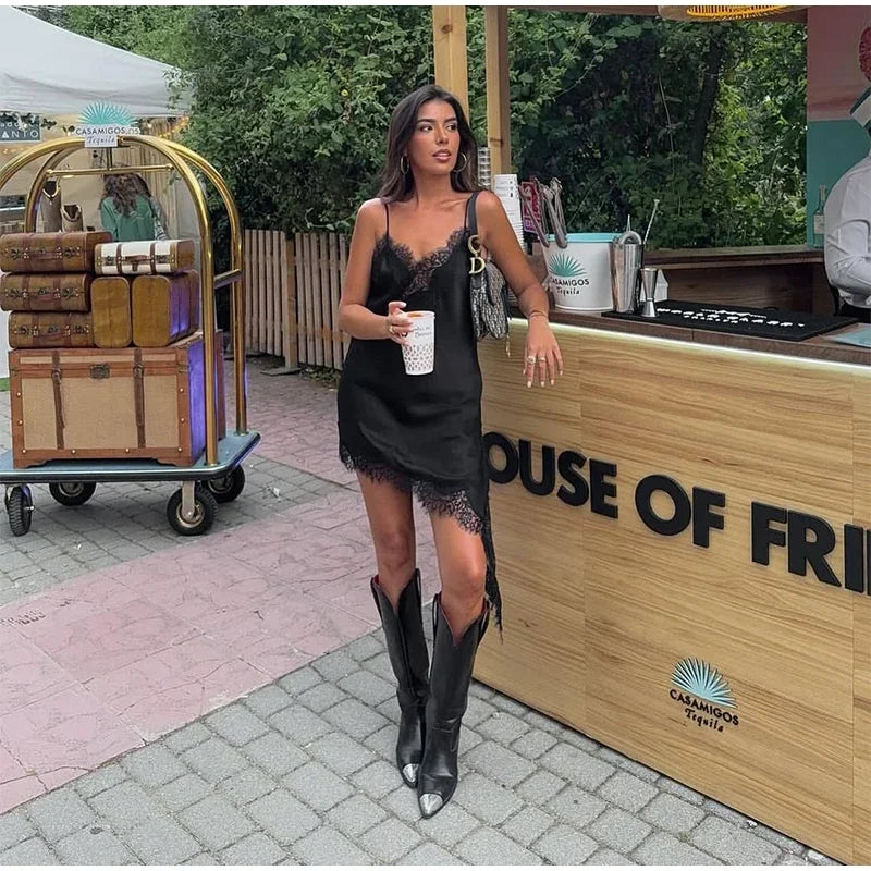 Brown Satin Lace Splicing Sling Dress Women Elegant Irregular Hem V Neck Backless Sleeveless Gown Chic Women Party Club Vestidos