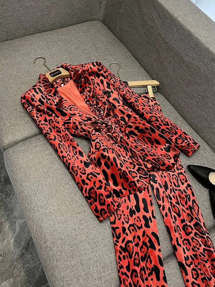 HIGH STREET Newest Fashion 2026 Designer Suit Set Women's Single Button Leopard Printed Velvet Blazer Pencil Pants Suit 2PCS