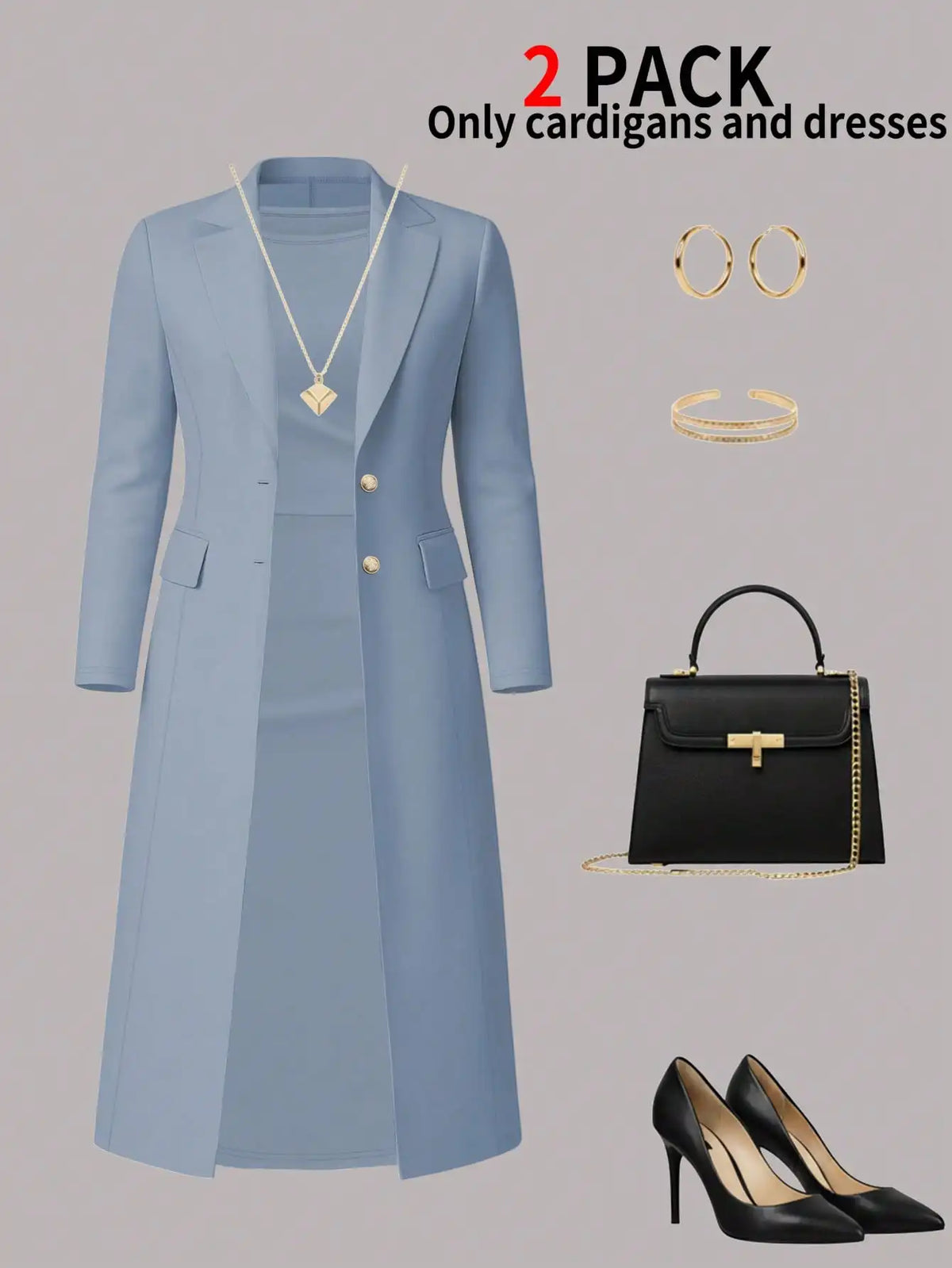 Women's New Autumn and Winter Elegant Set: Solid Color Long-Sleeved Open-Front Blouse, Long Coat + Versatile Fitting Mid-Length Sleeveless Buttoned Dress Two-Piece Set