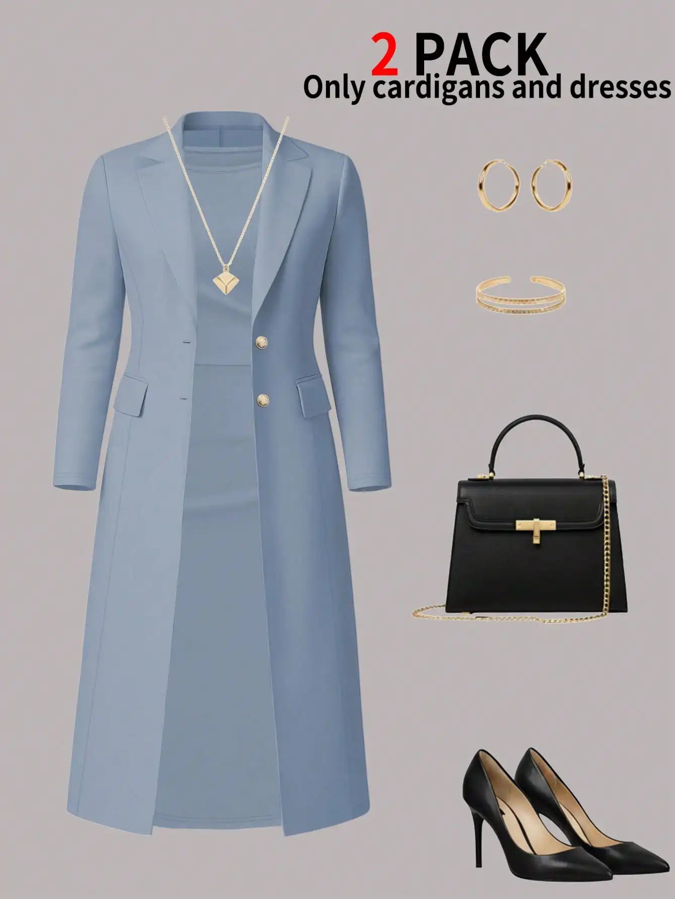 Women's New Autumn and Winter Elegant Set: Solid Color Long-Sleeved Open-Front Blouse, Long Coat + Versatile Fitting Mid-Length Sleeveless Buttoned Dress Two-Piece Set