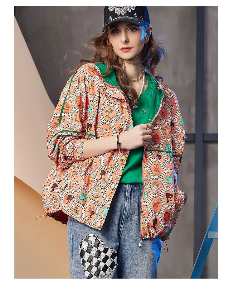 Women's Hooded Zipper Jacket, Casual Outerwear, Loose Tops, Print Doodle Coats, Female Clothing, Autumn, Winter, New