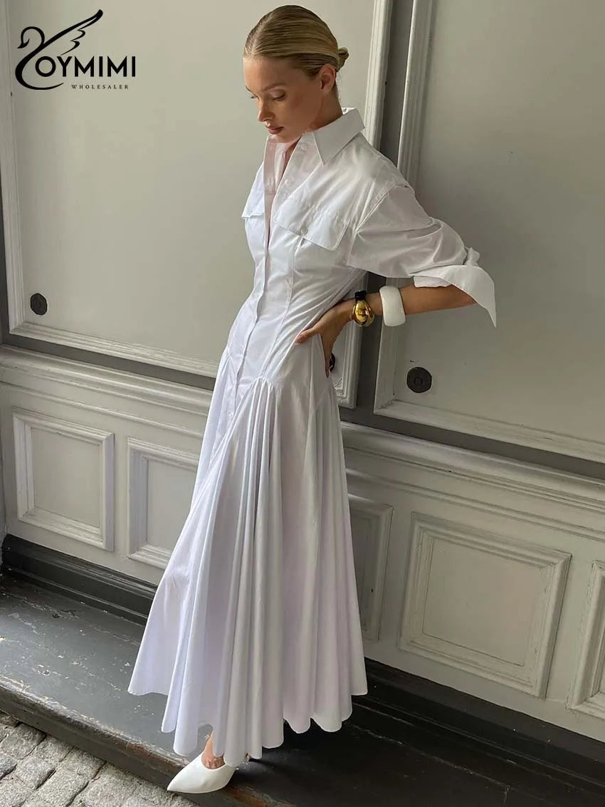 Oymimi Elegant White Lapel Women's Dress Fashion Three Quarter Sleeve Pockets Dresses Casual Button Pleated Ankle-Length Dresses
