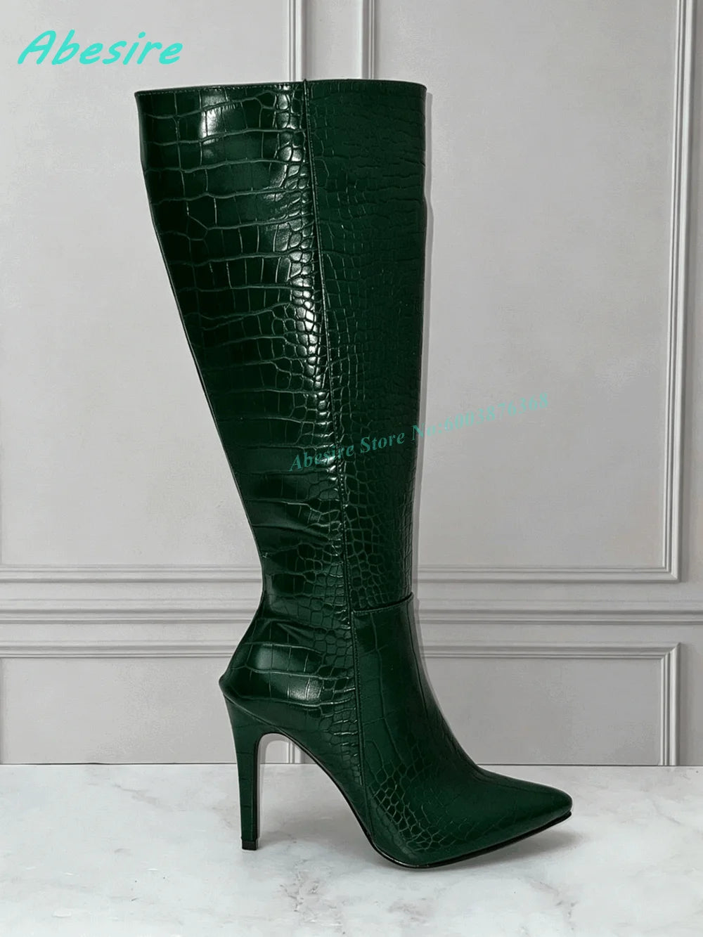 Burgundy Crocodile Pattern Knee High Boots Pointed Toe Stiletto Heel Side-Zipper Women's Boots Retro Sexy Daily Party Shoes