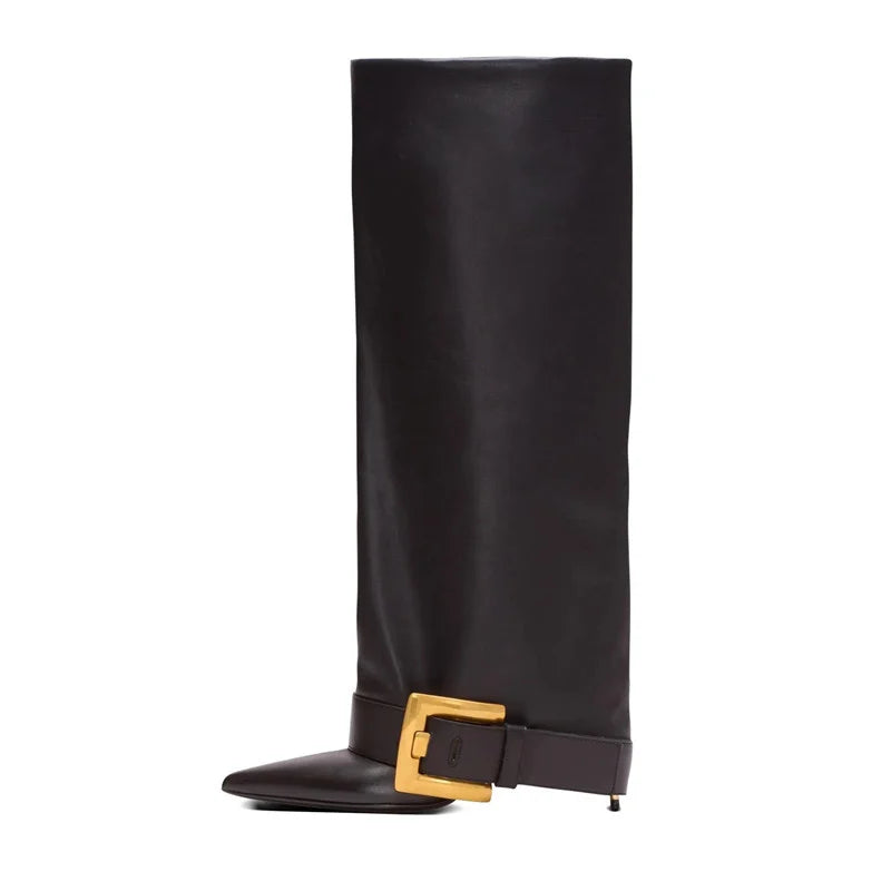Pointed Toe Knee-High Boots With Belt Buckle for Women