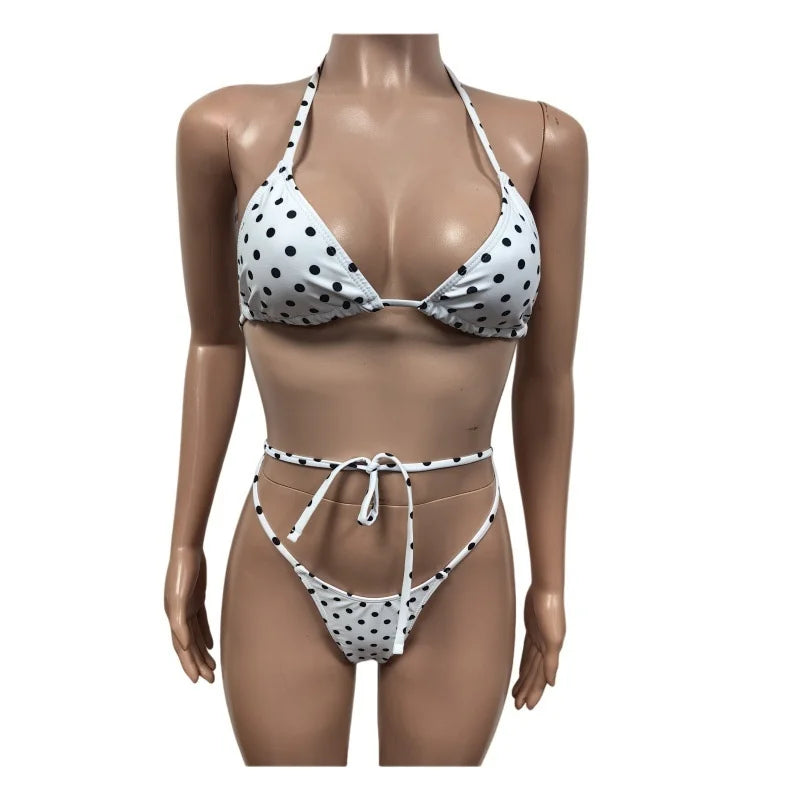 Polka Dot Lace Up Bikini Set with Briefs for Women