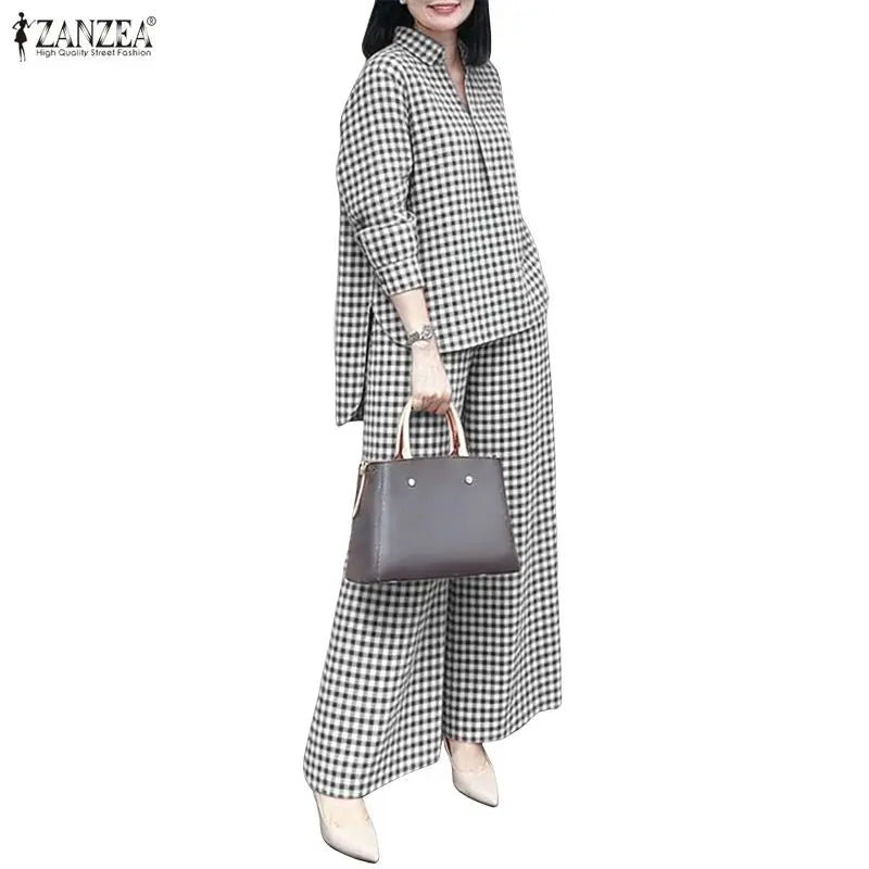 Gingham Blouse And Wide Leg Pants Set