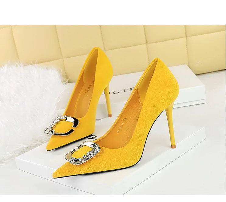 Elegant Rhinestone Buckle Suede High Heel Pumps for Women