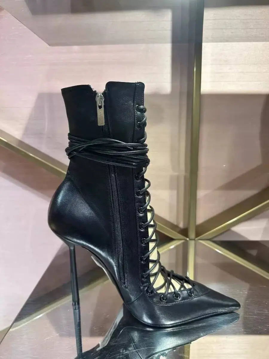 Lace Up Knee High Heeled Boots With Side Zipper for Women