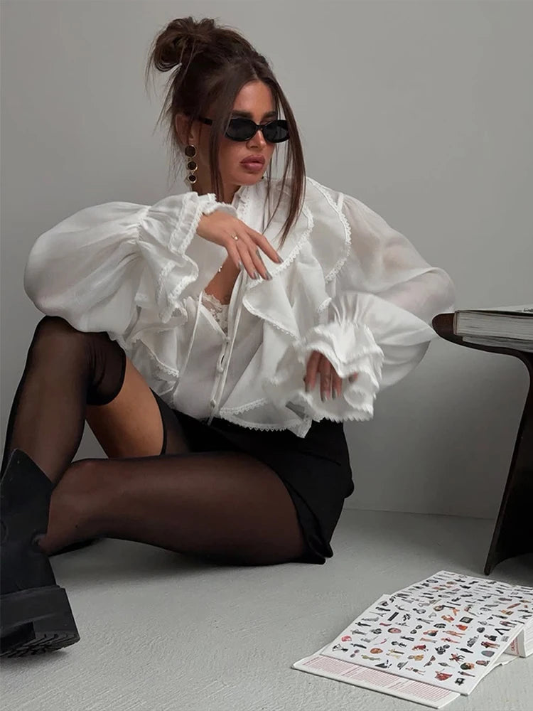 Elegant Long Sleeve Cascading Ruffle Blouse for Women