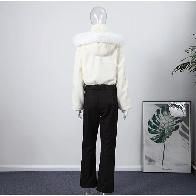 High Waist Full Zip Hooded Windproof Ski Jumpsuit For Women