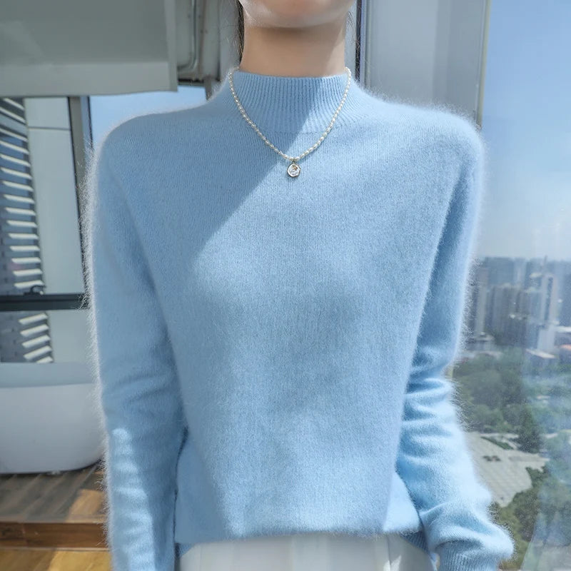 Loose Cashmere Knit Half High Neck Pullover Sweater for Women