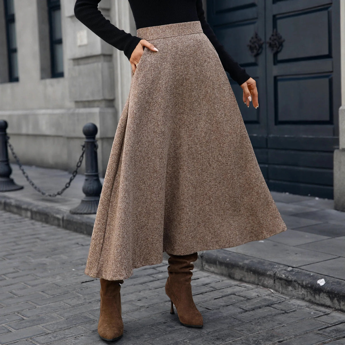 Tweed Ankle-Length A-Line Skirt with Elastic Waist for Women
