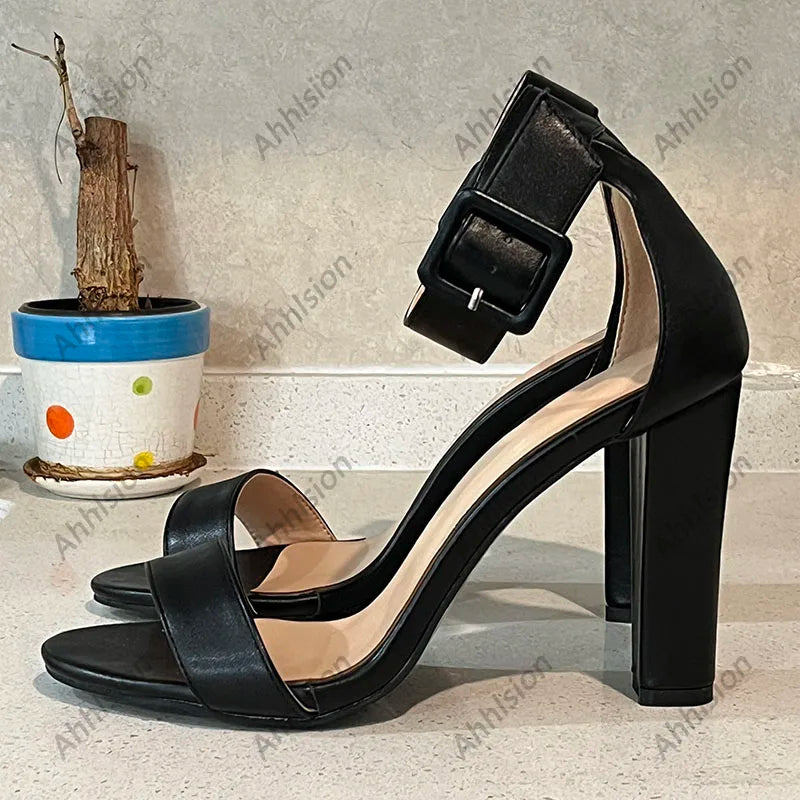 Black Chunky Square Heels Buckle Strap Platform Sandals for Women