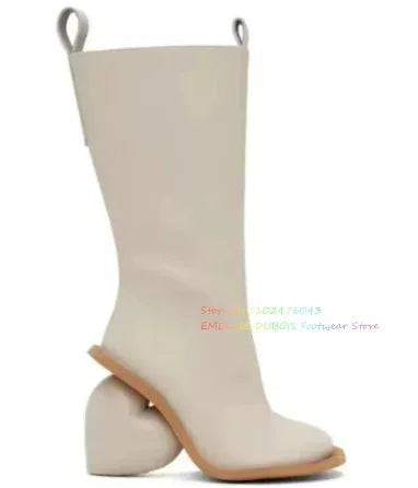 Black Leather Side Zip High Heart-Shaped Heel Knee High Boot Women Square Toe Double Pull-Tab Retro Long Boot for Ladies