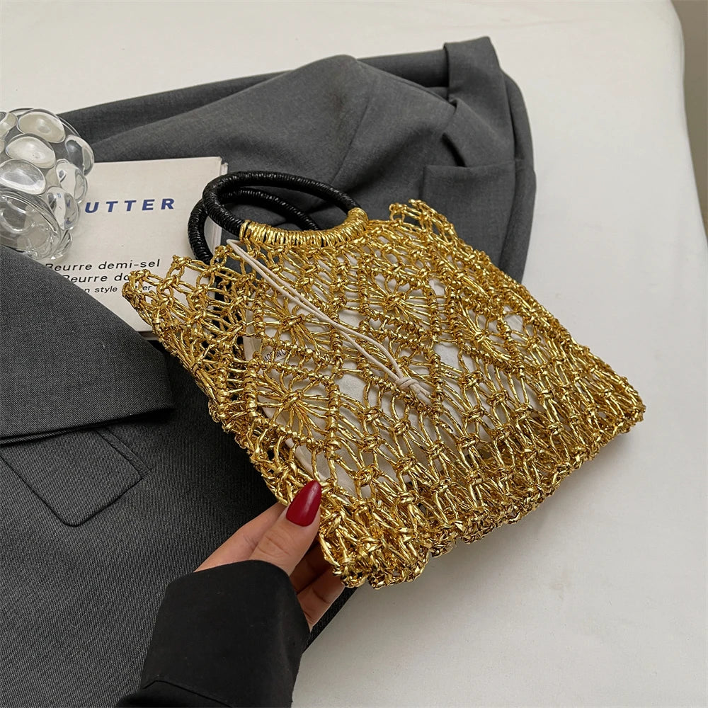Eco Friendly Woven Round Handle Hollow Out Craft Paper Handbag for Women