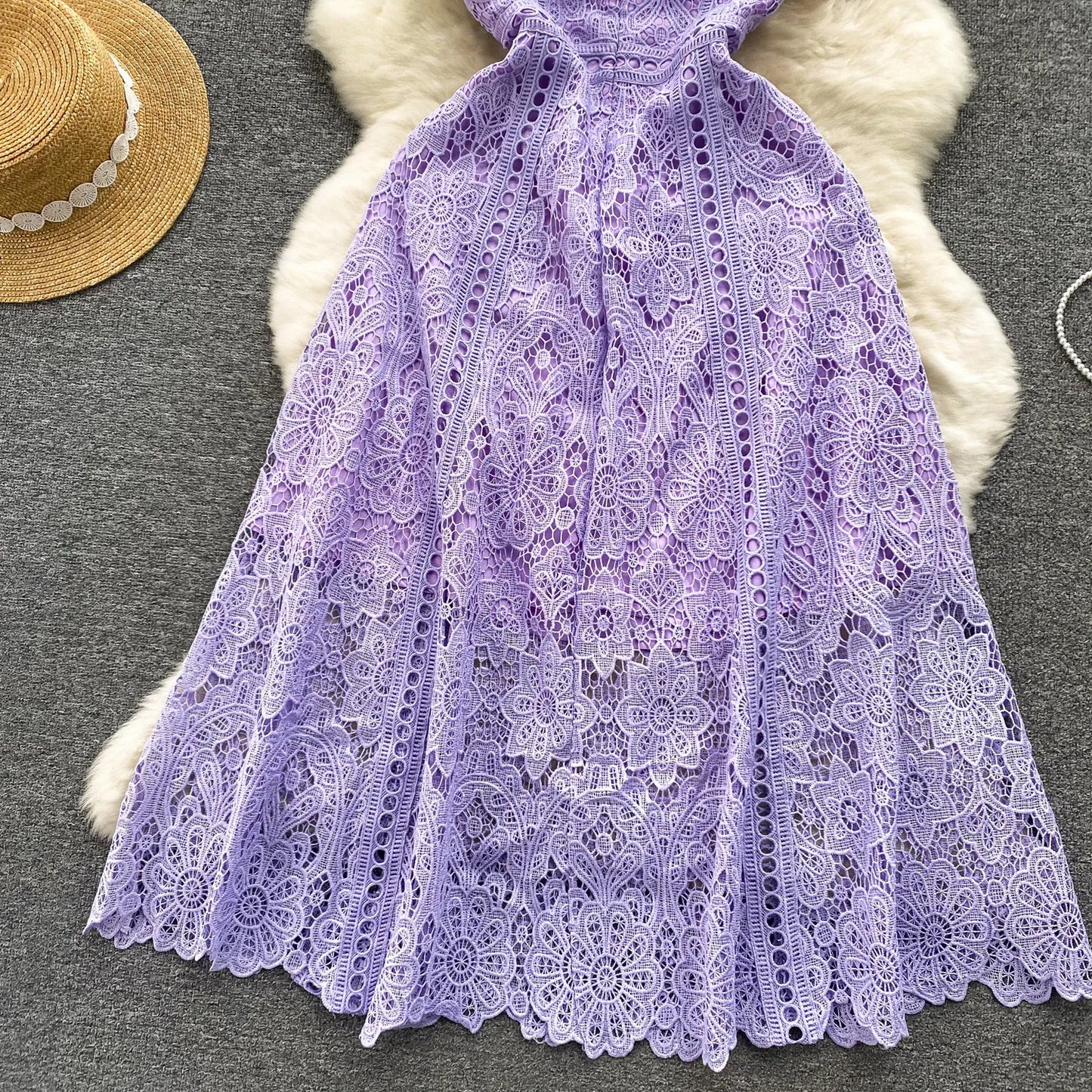 Korean Version Retro High-end Round Neck Lotus Leaf Sleeve Lace Dress for Women's 2026 Summer New Temperament Elegant Long Dress