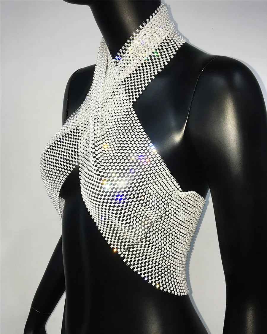 Rhinestone Fishnet Backless Halter Crop Top for Women