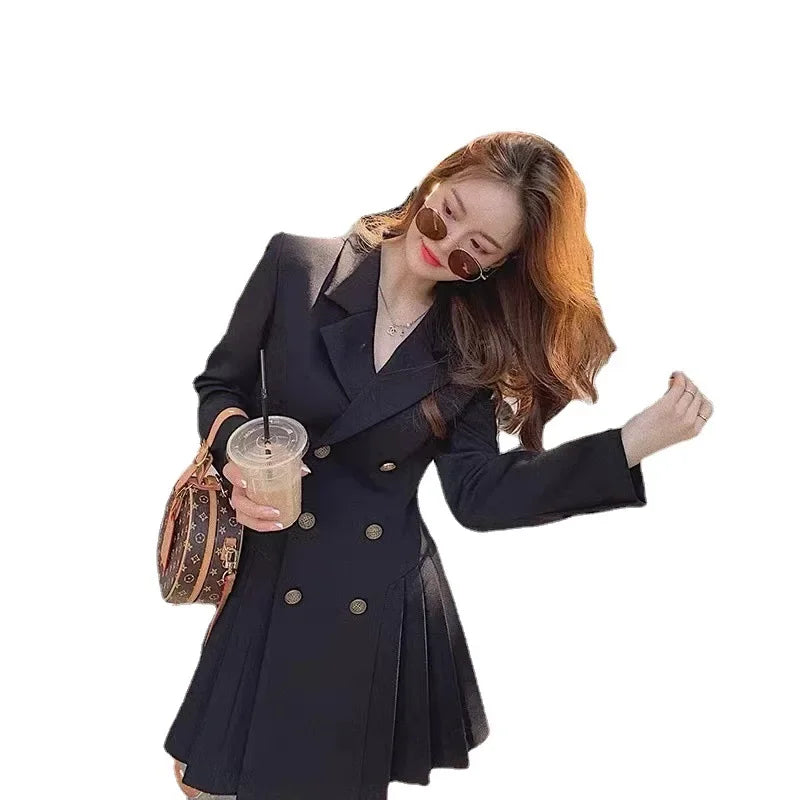 Elegant Double-Breasted Suit Dress Skirt Style Polyester Fiber Full Sleeve Regular Neckline Empire Waist Midi Length Dress