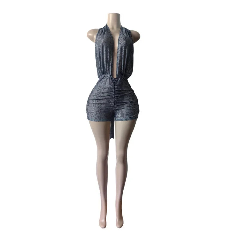 Leopard Print Halter Neck Backless Romper for Women