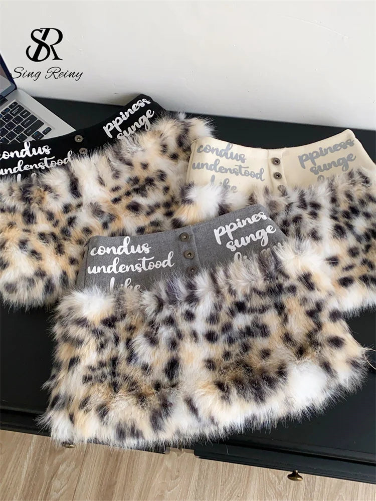 Leopard Print Furry A-Line Mini Skirt With Zipper for Women