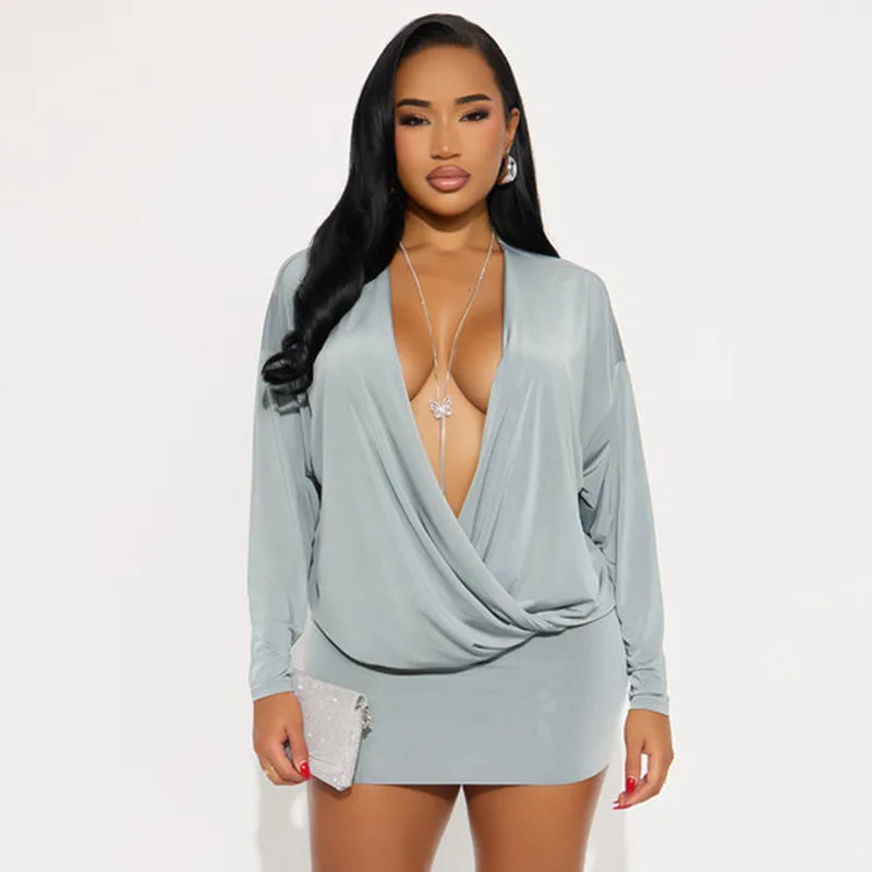 Solid Color Long-Sleeved V-Neck Mini Dress for Women