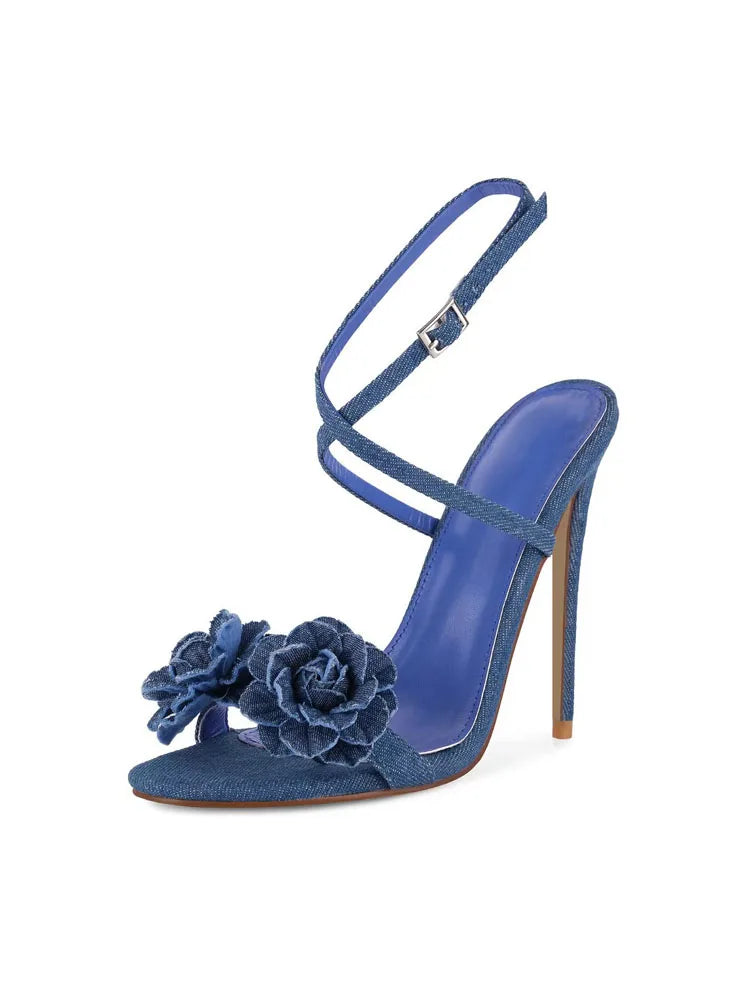 Denim Rose Floral Open Toe Adjustable Ankle Strap Stiletto Sandals for Women
