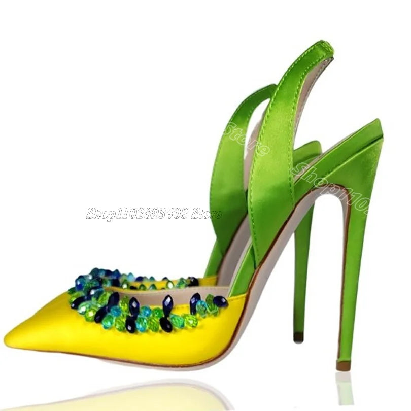 Crystal Embellished Pointed Toe Sandals with Elastic Strap for Women