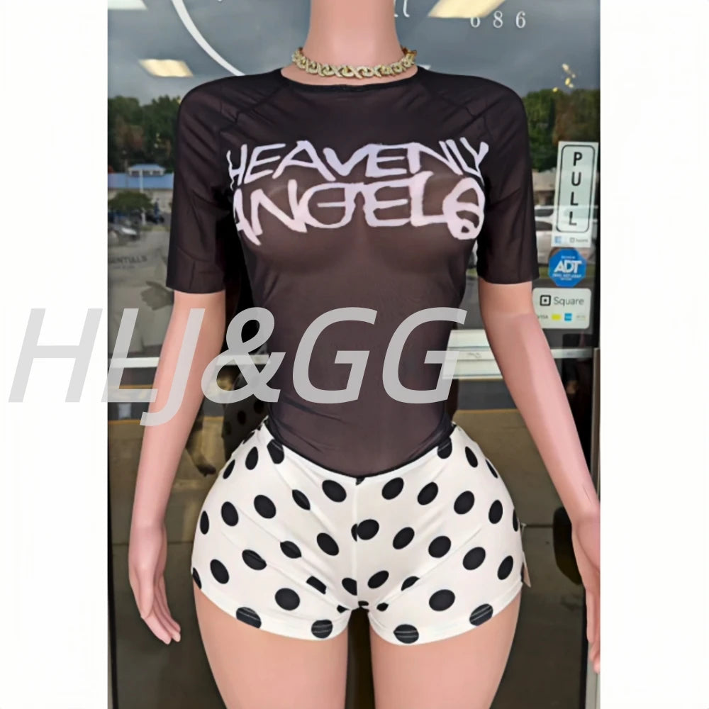 Mesh Letter Print See Through Polka Dot Two Piece Set for Women
