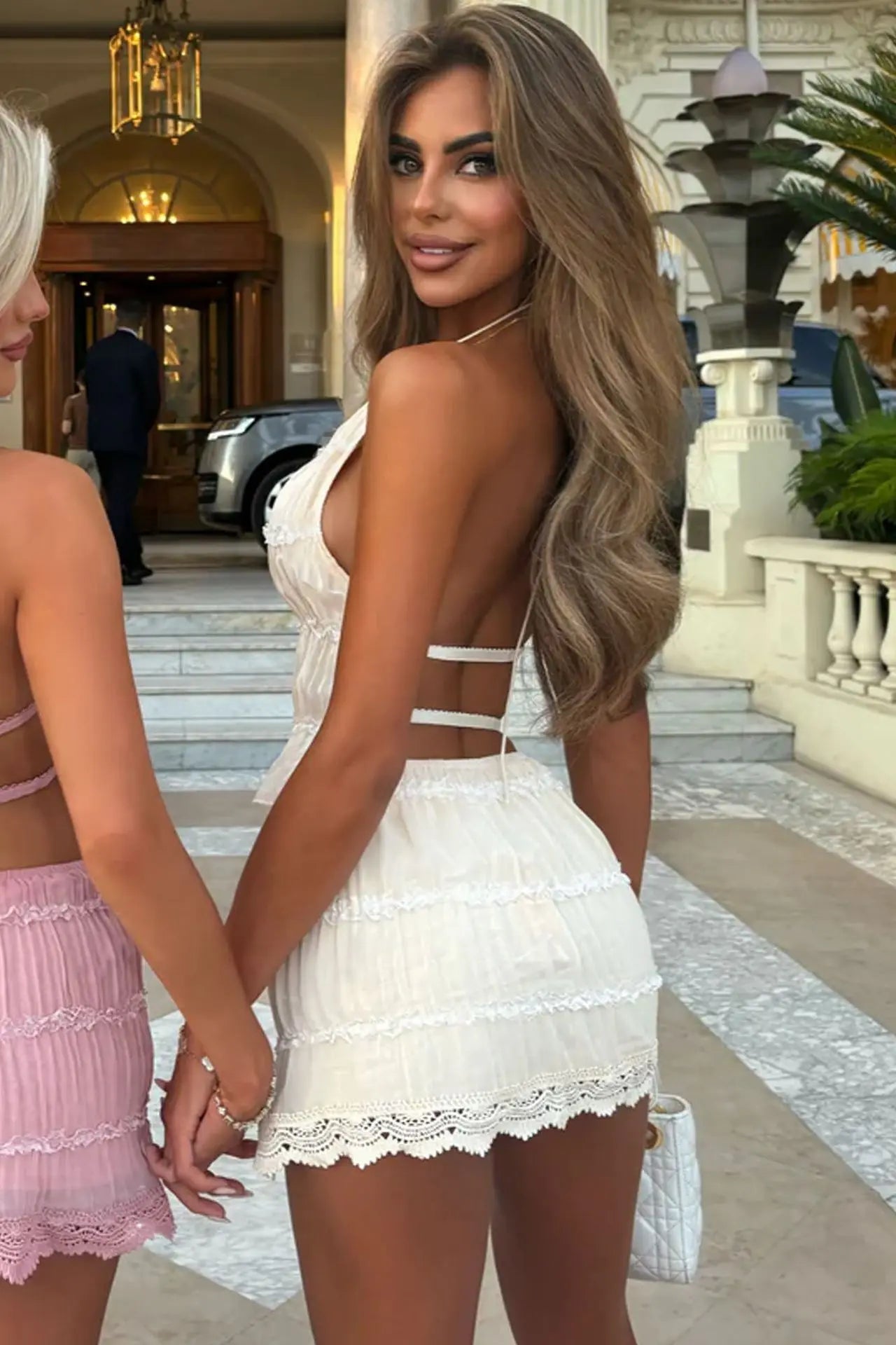 Pleated Halter Backless Two Piece Skirt Set for Women