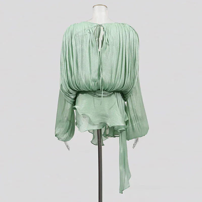 TWOTWINSTYLE Loose Solid Dresses For Women Round Neck Lantern Sleeve High Waist Spliced Fold Mini Chic Dress Female Fashion 2025