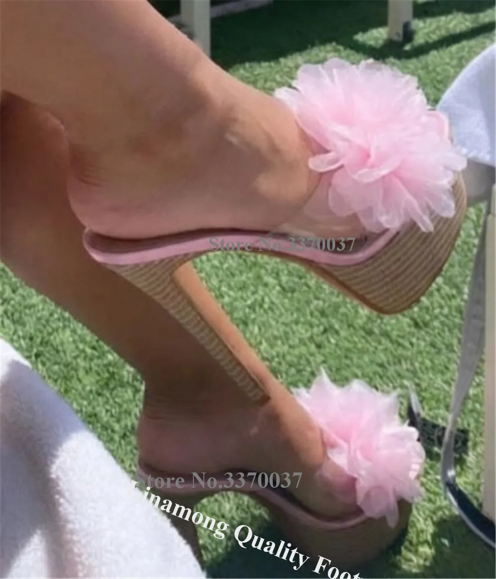 Pink Flower Embellished Open Toe Stiletto Sandals with Ankle Strap for Women