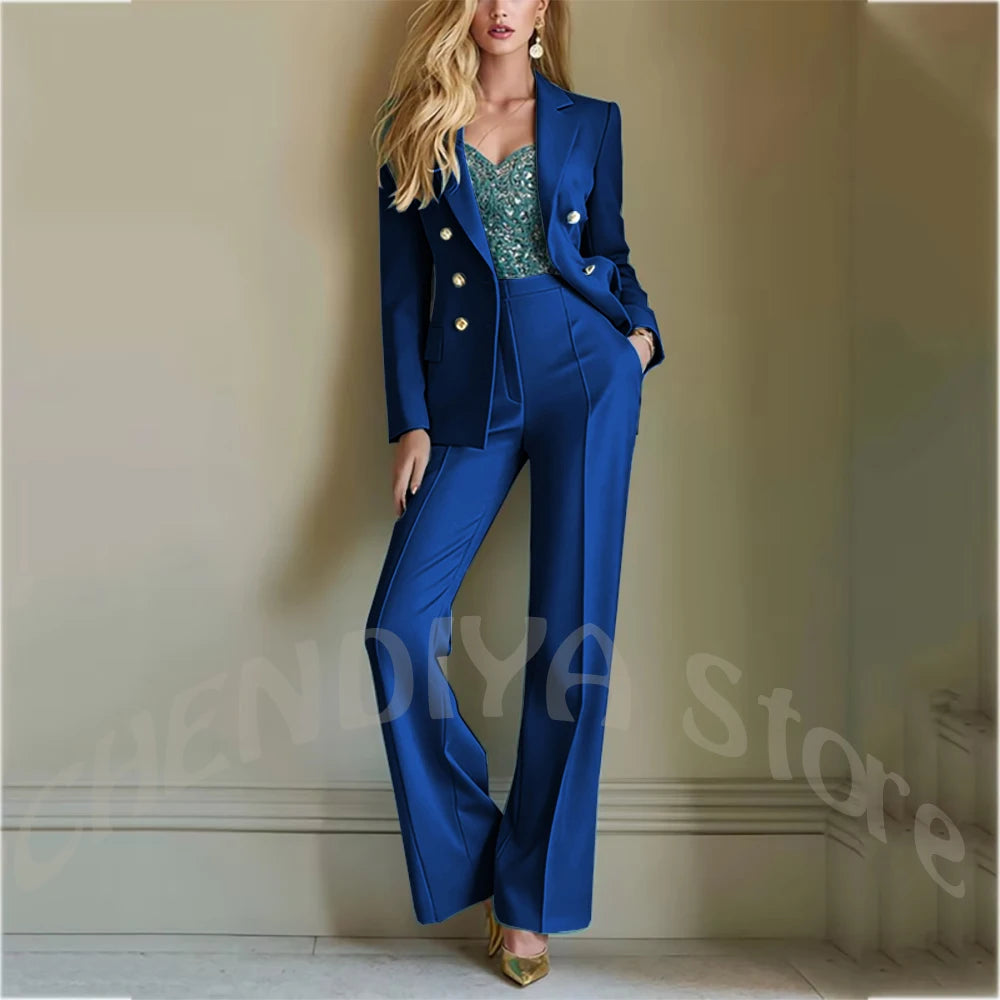 Solid Color Suit For Women High Quality Double Breasted Two Piece Notch Lapel Slim Fit Elegant Fashion Female Outfit Jacket Pant