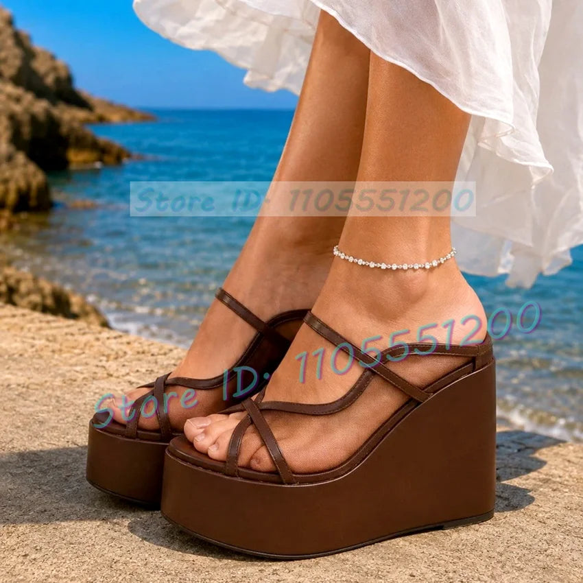 Brown Double Strap Mesh Peep Toe Wedge Sandals for Women