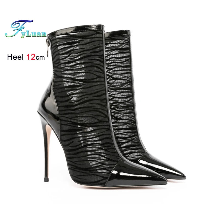 Elegant Black Mesh Stiletto Ankle Boots With Pointy Toe Rear Zipper For Women