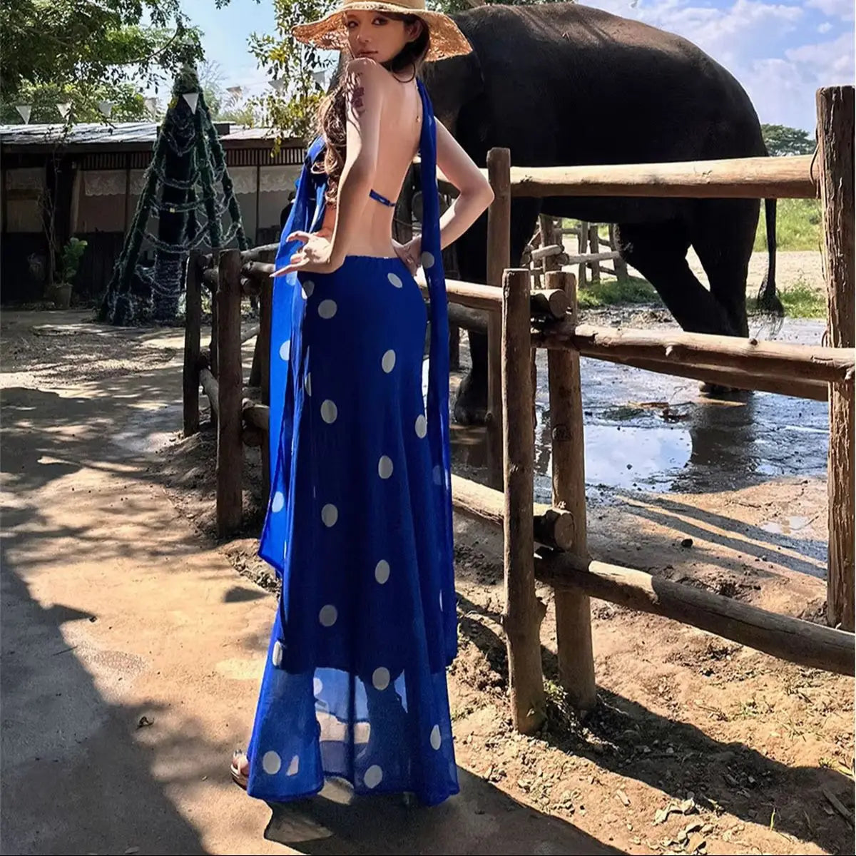 Vintage Polka Dot Backless Halter Maxi Dress for Women