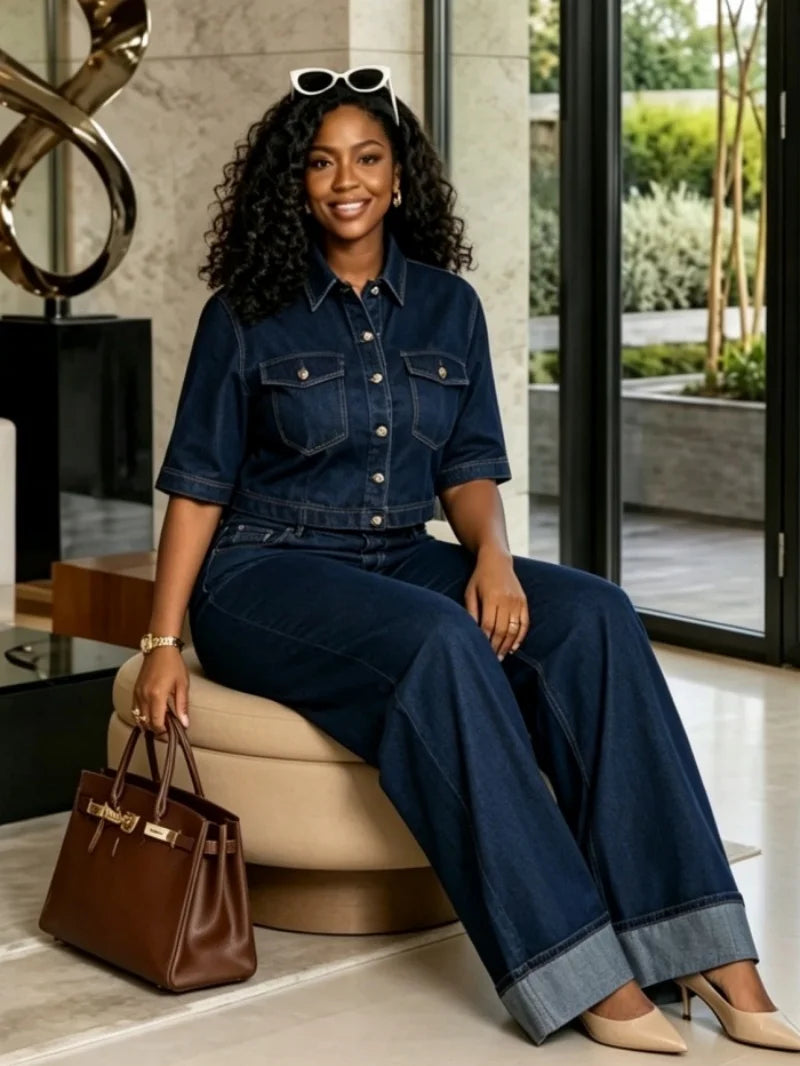 Short Sleeve Denim Two Piece Set With Straight Leg Jeans for Women