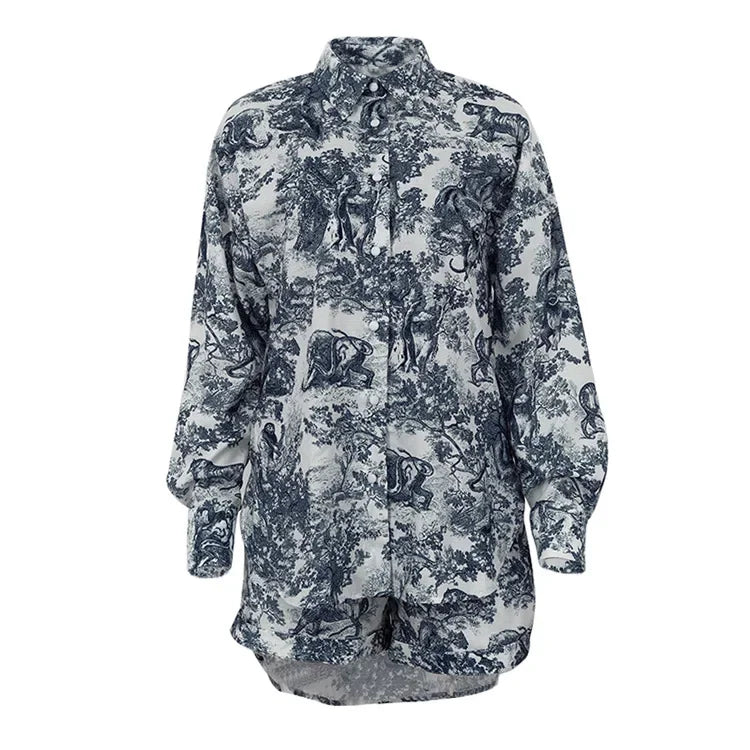 Casual Retro Ink Print Shirt and Shorts Set for Women