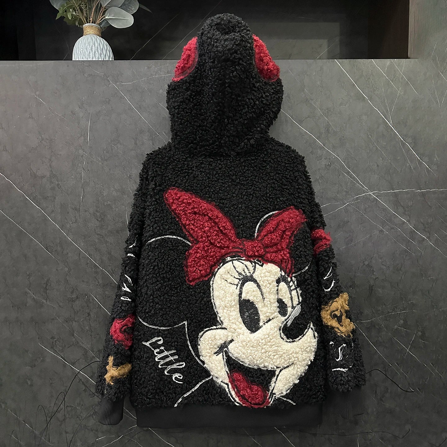 Fashion Autumn Winter Fluffy Overcoat Cute Minnie Loose Hooded Zip Cardigans Coat Mid-long Long Sleeve Sweet Lambswool Jacket