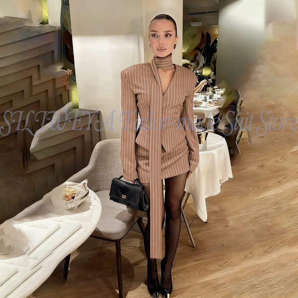 Single Breasted Blue Striped Blazer Skirt Set for Women