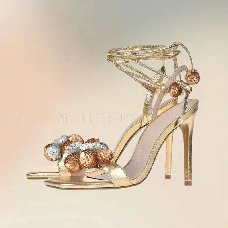 Sequined Ball Design Gold Open Toe Lace Up Sandals for Women