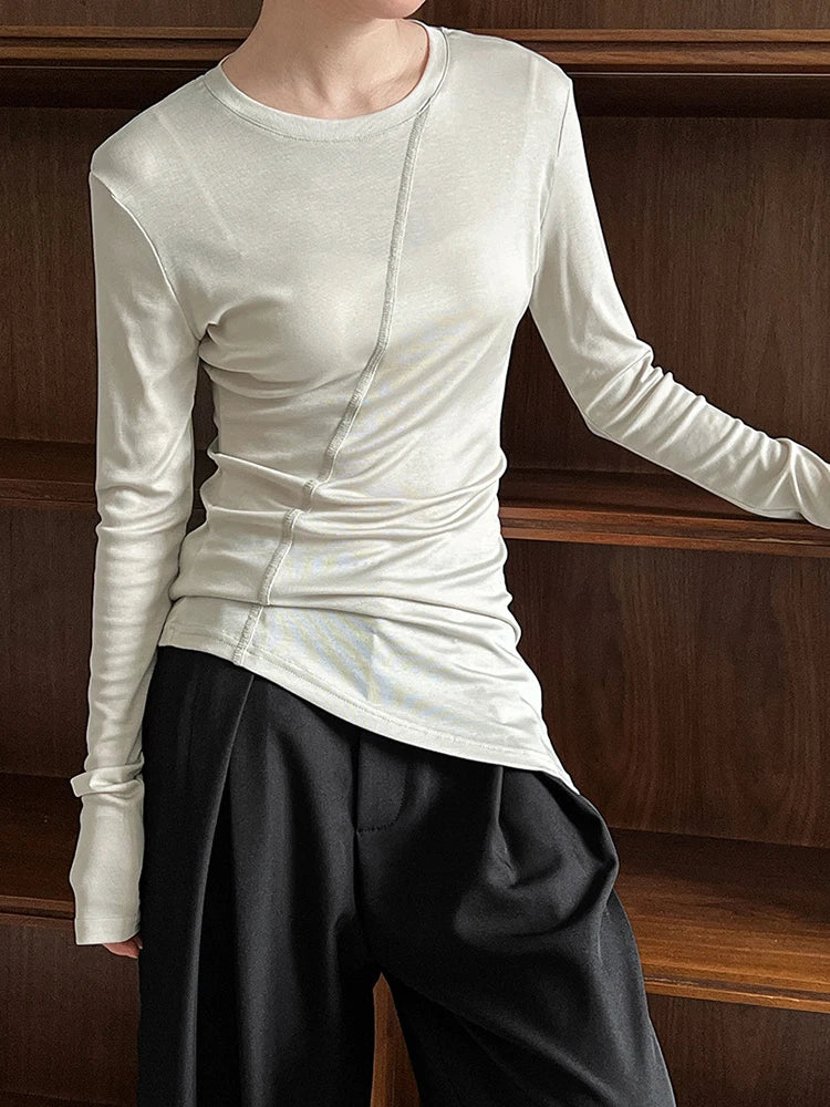 [EAM] Women Gray Thin Perspective Slim Irregular T-shirt New Round Neck Long Sleeve Fashion Tide Spring Autumn 2025 1DH9981